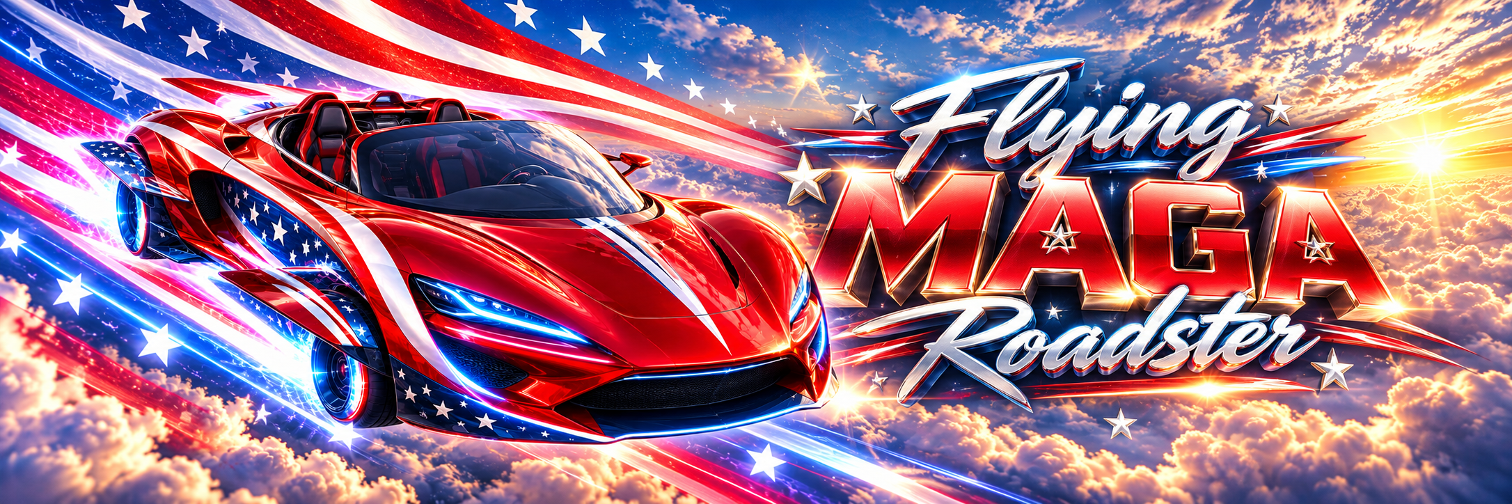 Red, white and blue roadster streaking above the clouds with flag ribbons trailing behind it