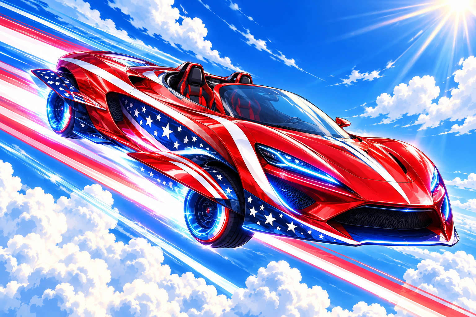 Anime-style panel of the roadster climbing through a bright blue sky