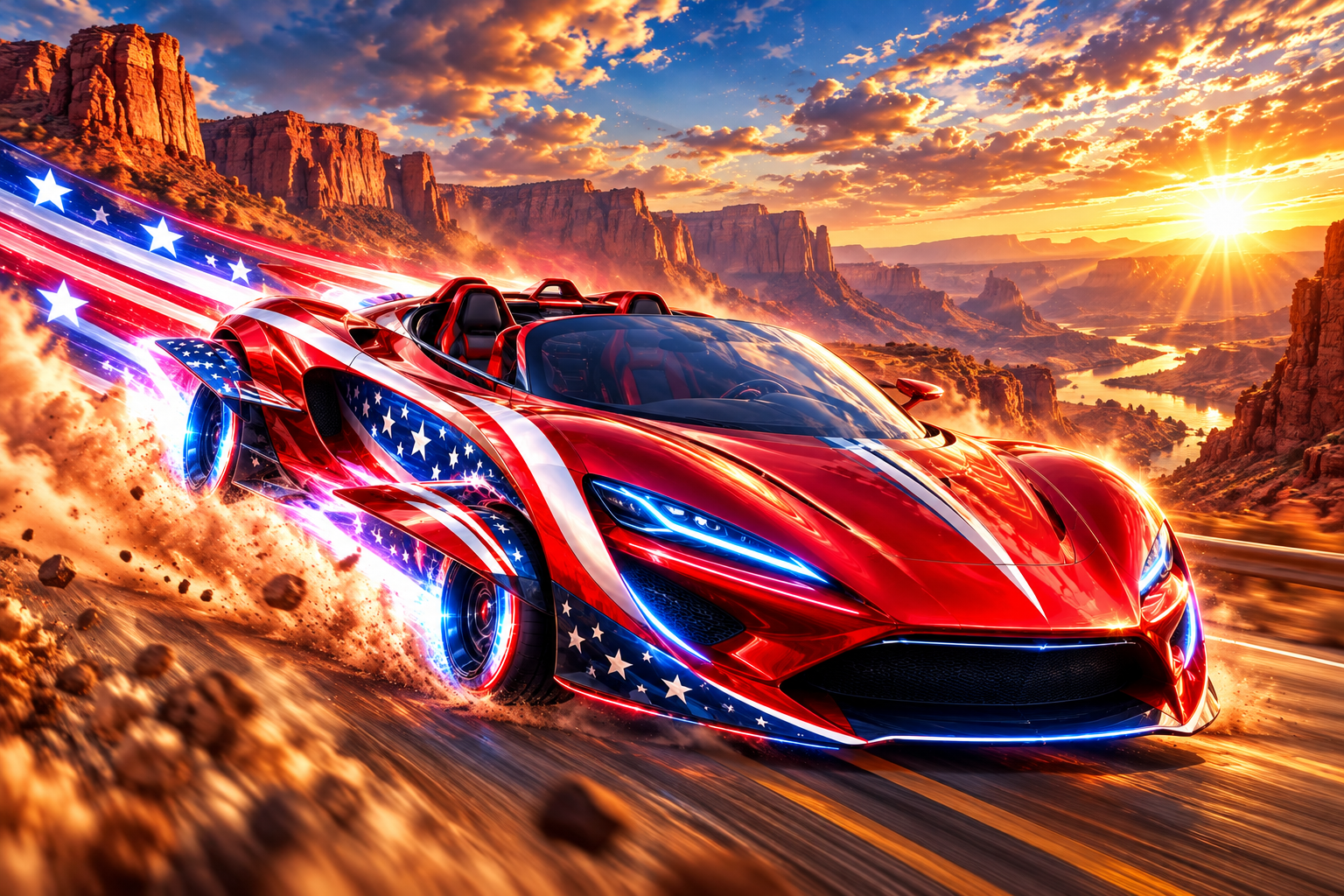 The roadster drifting through a red rock canyon at sunset