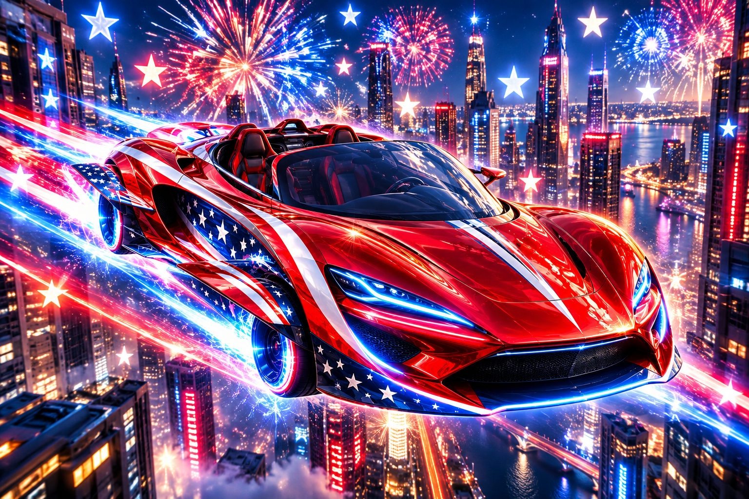The roadster flying over a city skyline under fireworks