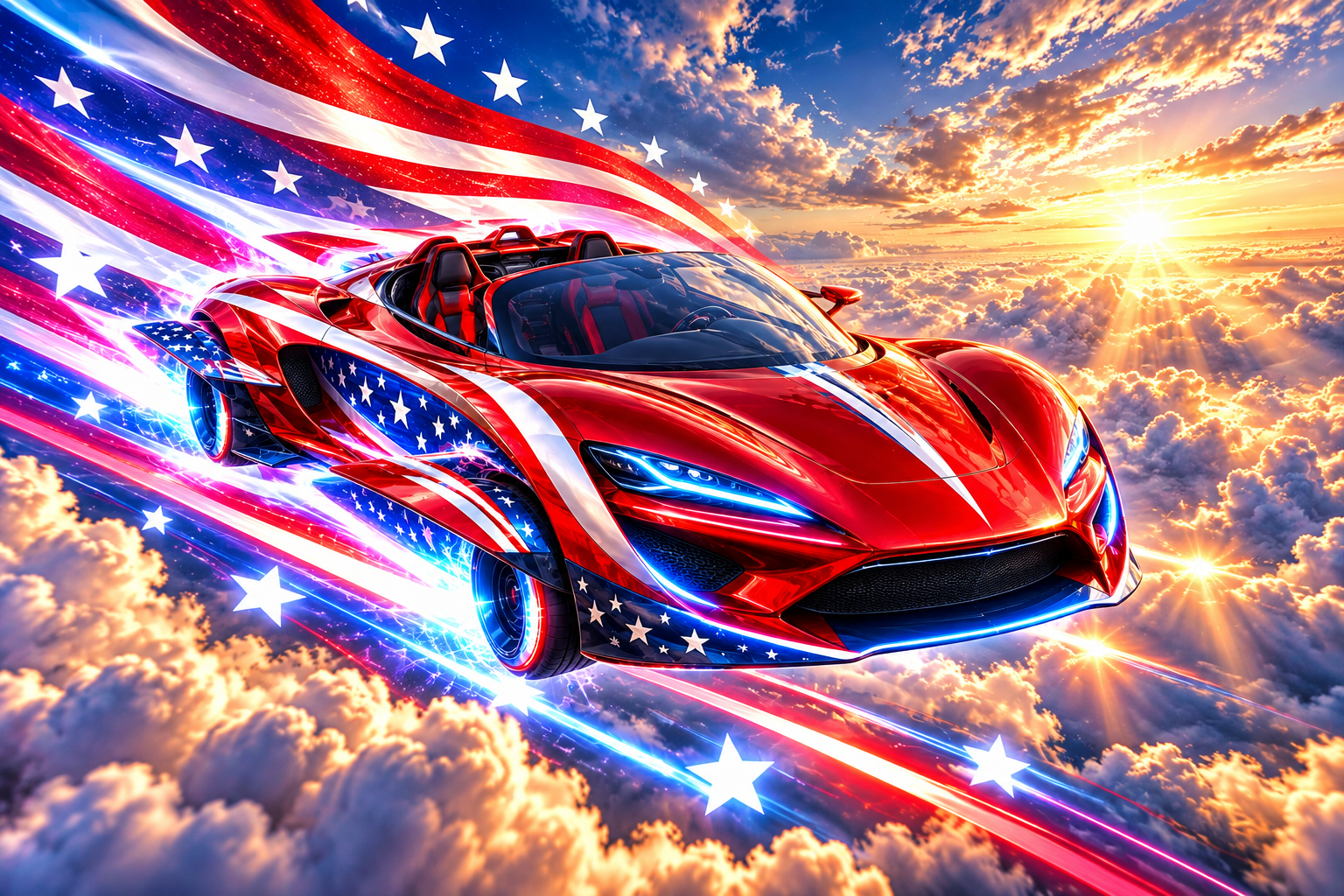 The roadster cruising above a sunset cloud deck with flag ribbons
