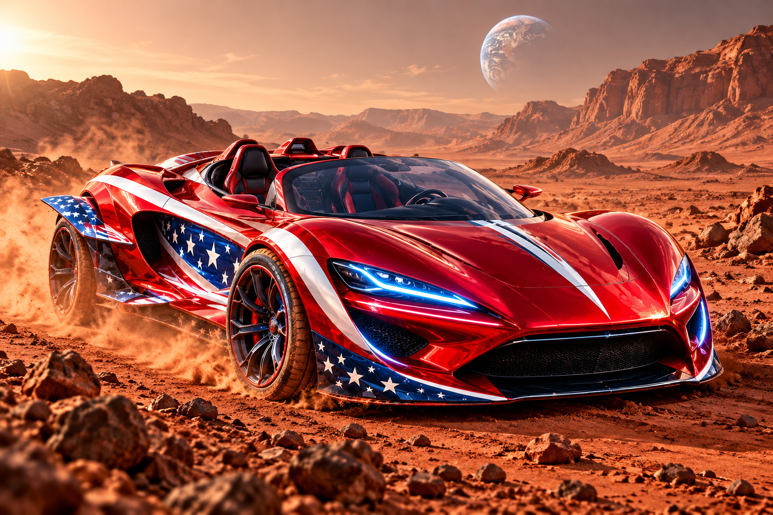 The roadster kicking up dust on a red planet with Earth in the sky