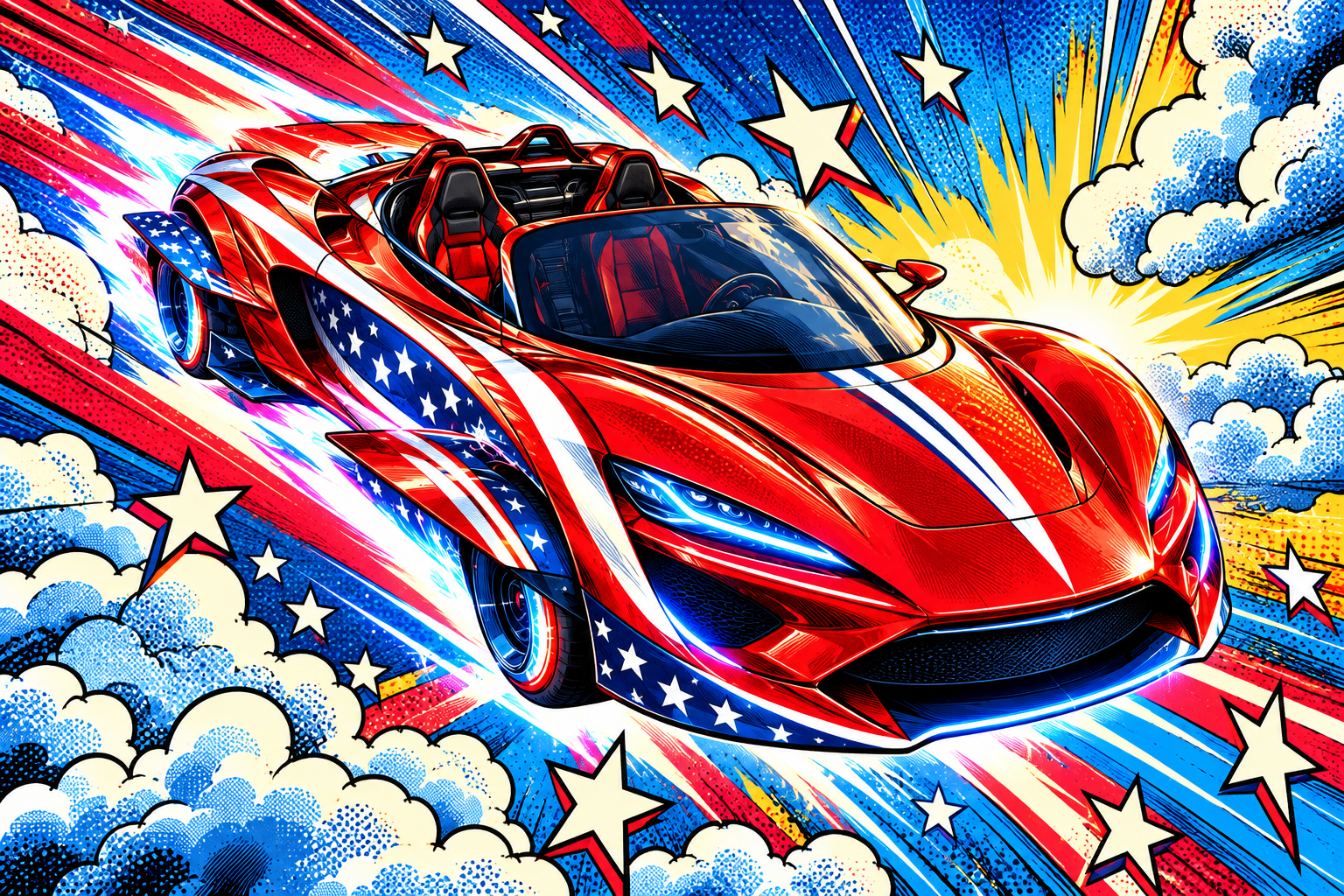 Pop-art comic panel of the roadster bursting through halftone clouds