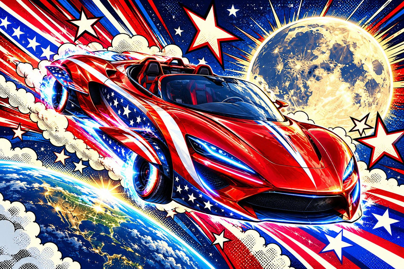 Comic-style panel of the roadster blasting past Earth and the moon