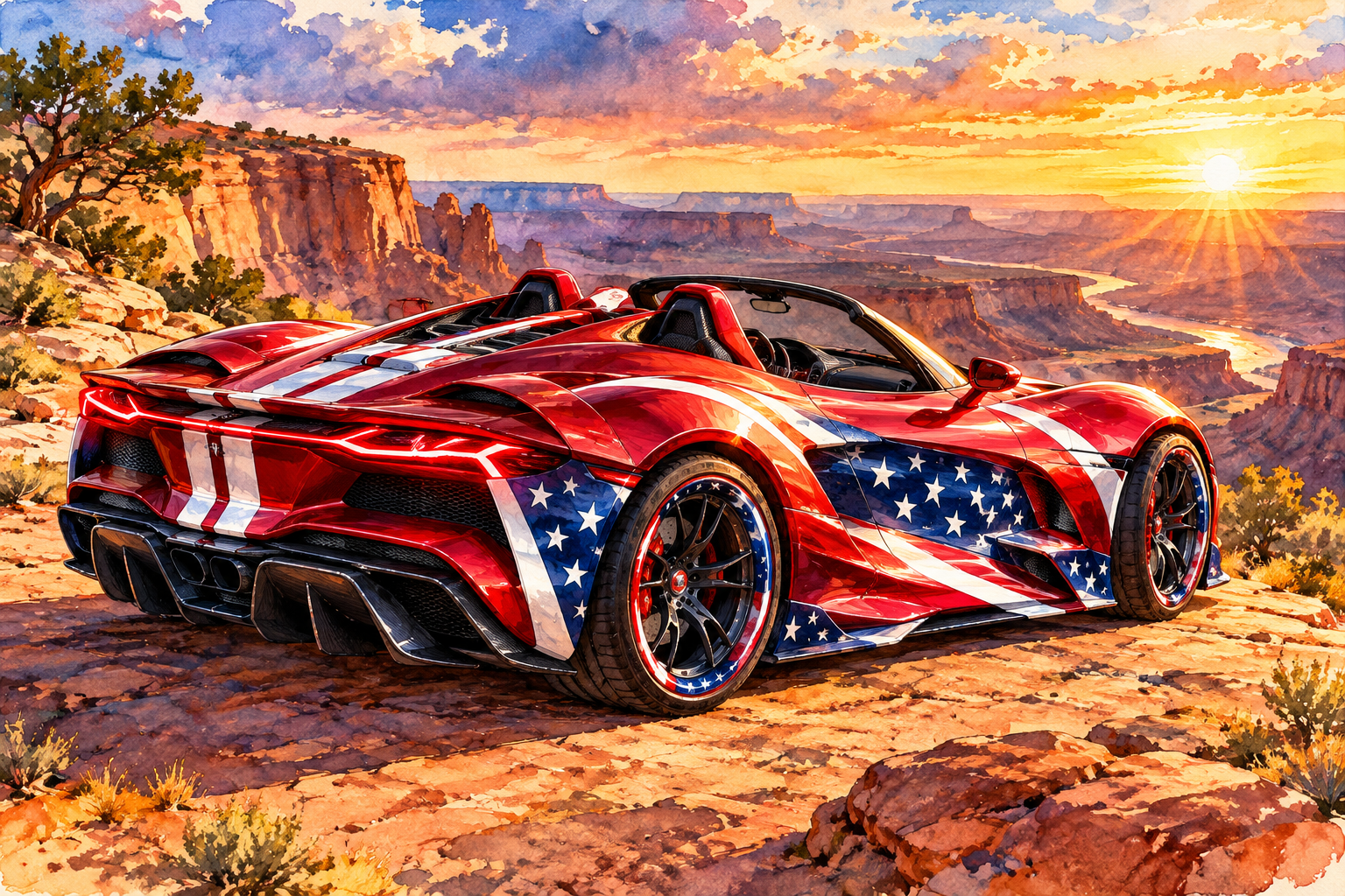 Watercolour painting of the roadster parked on a canyon overlook at sunset